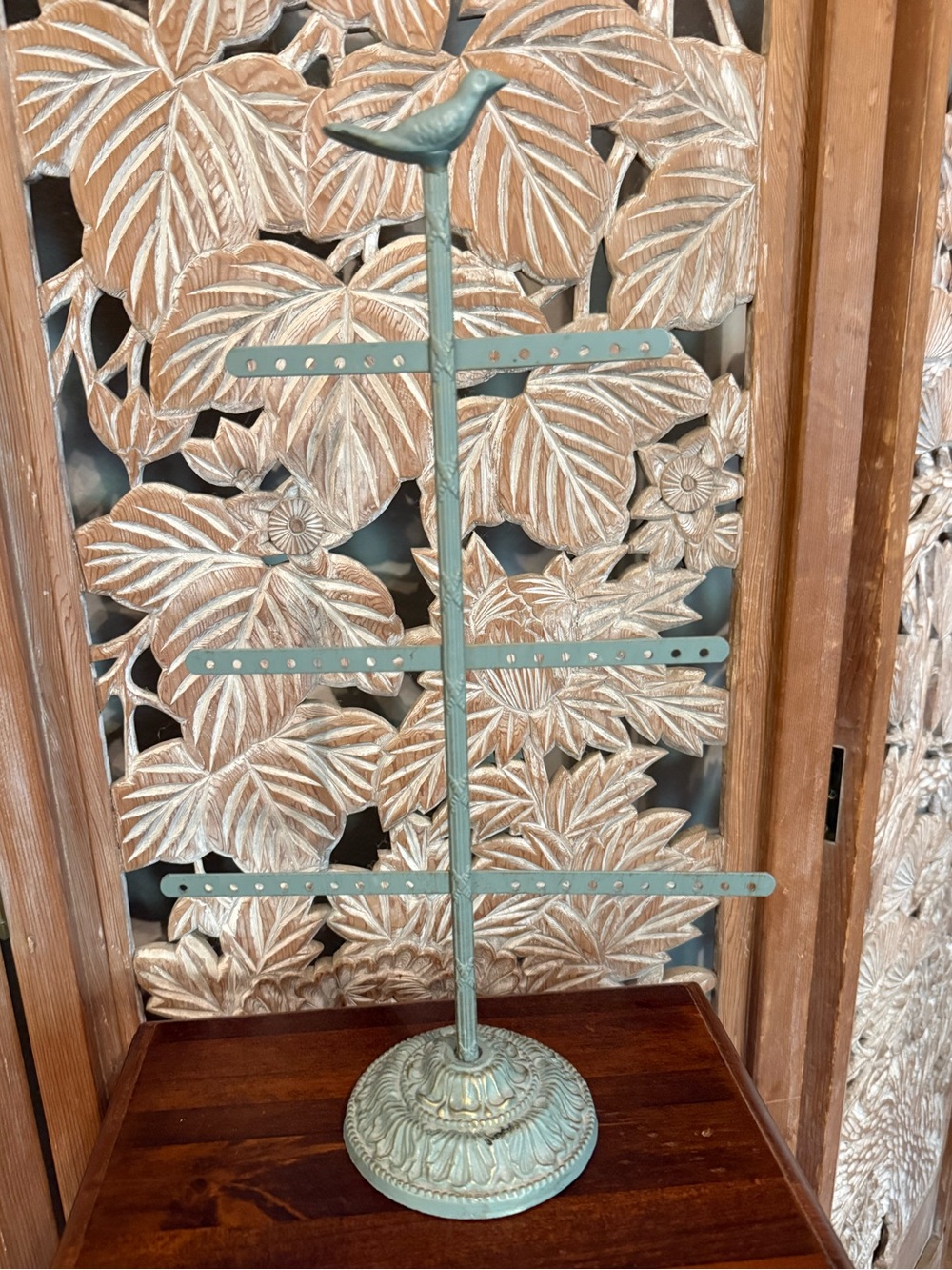 Bird Top Jewelry Earring Stand in Patina Green
